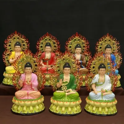 Bộ Tượng Dược Sư Ngồi Đài Sen Có Hào Quang Mài Vẽ Cao Cấp Bằng Composite, Cao 40cm (tổng Lá Đề 52cm)
