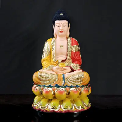 Tượng Bổn Sư Thích Ca Ngồi Áo Đỏ Chất Liệu Composite, 40-48cm