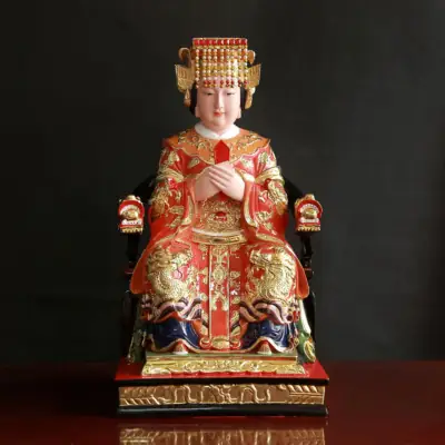 Tượng Thiên Hậu Ngồi Ngai Rồng Áo Đỏ Sơn Mạ Vàng Bằng Composite, Cao 48cm, 66cm