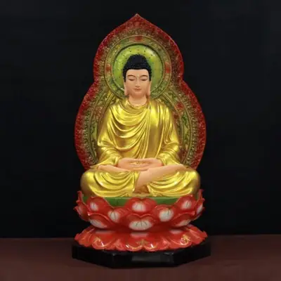 Tượng Ngài Bổn Sư Thích Ca Ngồi Đài Sen Đế Lục Giác Bằng Composite, Cao 80cm (tổng Lá Đề 100cm)