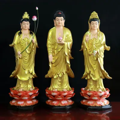 Bộ Tượng Tây Phương Tam Thánh Đứng Đài Sen Đế Bát Giác, Chất Liệu Composite, Cao 80cm