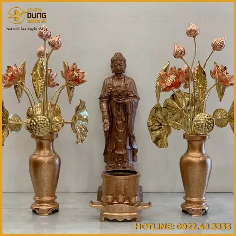 Tượng Phật A Di Đà Đứng Tiếp Dẫn Bằng Đồng Đỏ Cao 60cm