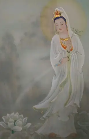 Bộ Hình Nền Phật Quan Thế Âm Bồ Tát Đứng Trên Mây Cho Điện Thoại