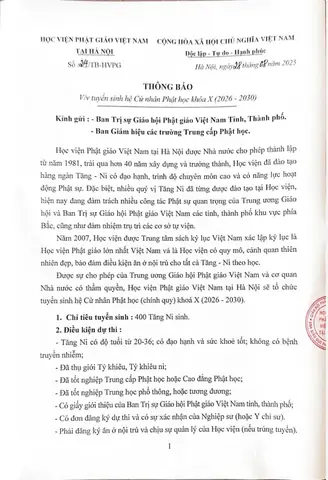 Học Viện Phật Giáo Việt Nam Tại Hà Nội Thông Báo Tuyển Sinh Hệ Cử Nhân Phật Học Khóa X (2026-2030)