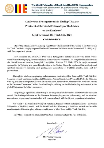 Thư Phân Ưu Của Ngài Phallop Thaiarry, Chủ Tịch Hội Liên Hữu ...