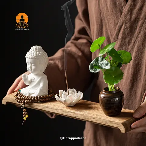 Bộ Tượng Phật Thích Ca Kèm Kệ Gỗ Và Sen Sứ - Harappa Decor