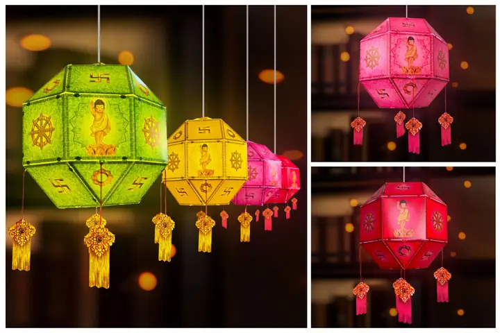 [28cm] Lồng Đèn Phật Giáo Bát Giác Vàng/xanh/hồng/đỏ