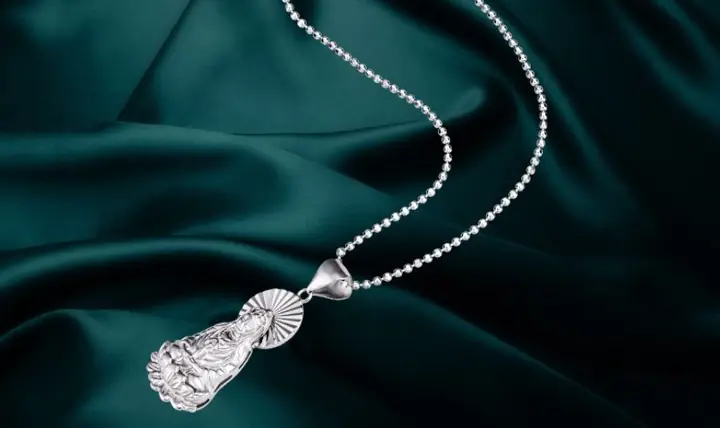 Mặt Dây Chuyền Vàng Trắng Ý 18k Hình Phật Bà Ngồi Tháp Sen