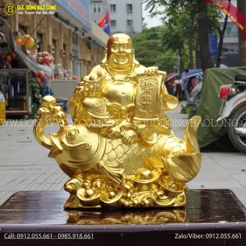 Tượng Phật Di Lặc Cưỡi Cá Chép Dát Vàng 9999