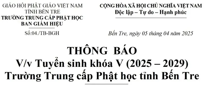 Bến Tre: Thông Báo Tuyển Sinh Khóa V (2025-2029) Trường Trung Cấp Phật Học Tỉnh Bến Tre