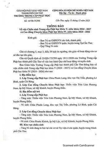 Cần Thơ: Thông Báo Về Việc Chiêu Sinh Trung Cấp Phật Học Khóa V, Niên Khóa 2024 - 2027 Và Cao Đẳng Chuyên Khoa Phật Học Khóa Iv, Niên Khóa 2024 - 2026