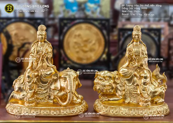 Tượng Văn Thù Phổ Hiền Bằng Đồng Cao 23cm Dát Vàng 9999