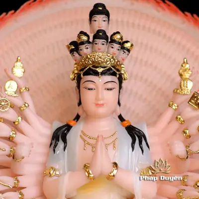 Alternative View Of Tượng Quan Âm Thiên Thủ Thiên Nhãn Ngồi Đài Sen Đế Mây Bằng Bột Đá Vẽ Hoa, Cao 30cm (tổng Cao 40cm)