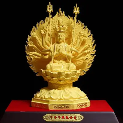 Tượng Bồ Tát Quan Âm Ngàn Tay Ngồi, Nhung Vàng Kim Sa, Cao 13cm, 15cm