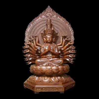 Tượng Quan Âm Thiên Thủ Thiên Nhãn Ngồi Đài Sen, Đế Bát Giác Bằng Gỗ Hương, Cao 1.2m (tổng Lá Đề 1.5m)