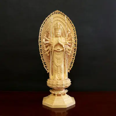 Tượng Bồ Tát Quan Âm Thiên Thủ Gỗ Bách, Có Lá Đề, Cao 43cm