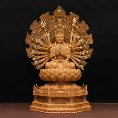 Tượng Thiên Thủ Thiên Nhãn Ngồi Đế Bát Giác Bằng Gỗ Hương Chương (long Não), Cao 75cm (tổng Hào Quang 88cm)