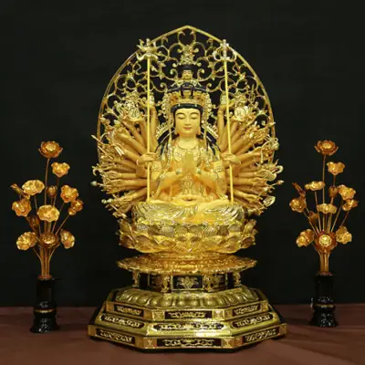 Tượng Thiên Thủ Thiên Nhãn Ngồi Bằng Đồng Đế 8 Cạnh, Cao 56cm (tổng Lá Đề 68cm)