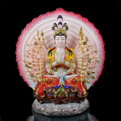 Tượng Quan Âm Thiên Thủ Thiên Nhãn Đế Mây Vẽ Gấm, Bằng Bột Đá, Cao 40cm, 48cm