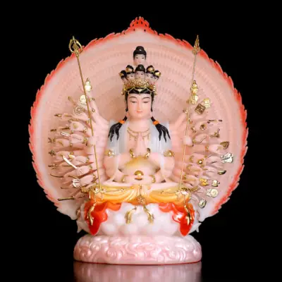 Tượng Quan Âm Thiên Thủ Thiên Nhãn Ngồi Đài Sen Đế Mây Bằng Bột Đá Vẽ Hoa, Cao 30cm (tổng Cao 40cm)