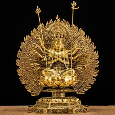 Tượng Nghìn Tay Nghìn Mắt (thiên Thủ Thiên Nhãn) Ngồi, Bằng Đồng Vàng, Cao 30cm (tổng 36.5cm)