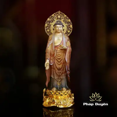 Alternative View Of Bộ Tượng Tây Phương Tam Thánh Đứng, Bằng Đồng Vẽ Gấm Cao 66cm (tổng Lá Đề 78cm)