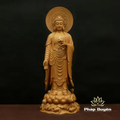 Alternative View Of Bộ Tượng Tây Phương Tam Thánh Đứng, Bằng Gỗ Hương Chương (long Não) Điểm Vàng, Cao 66cm