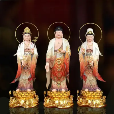 Bộ Tượng Tây Phương Tam Thánh Đứng Đài Sen Bằng Bột Đá Vẽ Gấm, Cao 90cm