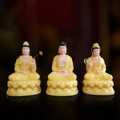 Bộ Tượng Tây Phương Tam Thánh Ngồi Đài Sen Bằng Bột Đá Thạch Anh Viền Vàng, Nhiều Kích Thước