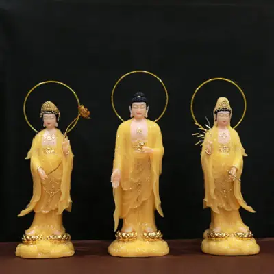 Bộ Tượng Tây Phương Tam Thánh Đứng Song Liên Bằng Bột Đá Màu Thạch Anh, Cao 48cm