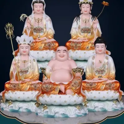 Bộ Tượng Tây Phương Tam Thánh Ngồi Đế Non Nước, Bột Đá Áo Cam, Nhiều Kích Thước