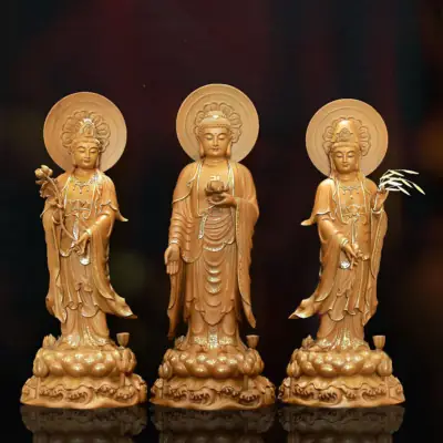 Bộ Tượng Tây Phương Tam Thánh Đứng Non Nước Bằng Gỗ Hương Chương Viền Vàng, Cao 48cm (tổng Hào Quang 55cm)