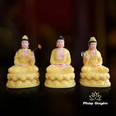 Alternative View Of Bộ Tượng Tây Phương Tam Thánh Ngồi Đài Sen Bằng Bột Đá Thạch Anh Viền Vàng, Nhiều Kích Thước