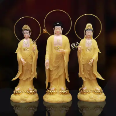 Bộ Tượng Tây Phương Tam Thánh Song Liên Bằng Bột Đá, Cao 68cm/90cm