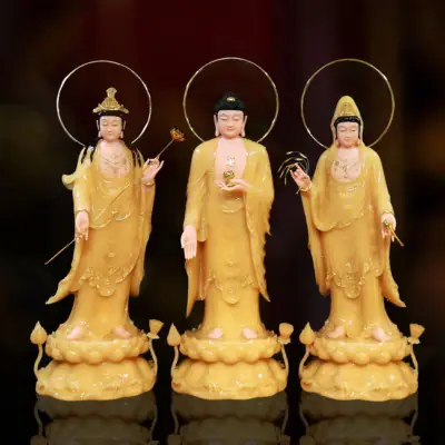 Bộ Tượng Tây Phương Tam Thánh Đứng Bằng Bột Đá Thạch Anh Viền Vàng, Cao 90cm