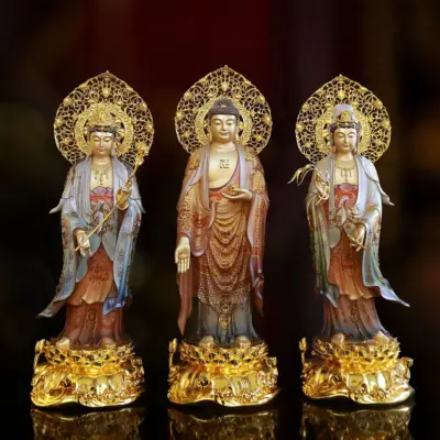 Bộ Tượng Tây Phương Tam Thánh Đứng, Bằng Đồng Vẽ Gấm Cao 66cm (tổng Lá Đề 78cm)