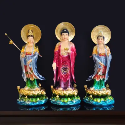 Bộ Tượng Tây Phương Tam Thánh Màu Đồng Cao Cấp Có Hào Quang, Chất Liệu Composite, Cao 80cm (tổng Hào Quang 90cm)