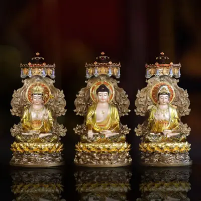 Bộ Tượng Tây Phương Tam Thánh Ngồi Non Nước, Bằng Đồng, Có Lọng Che, Nhiều Kích Thước