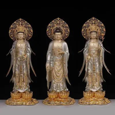 Bộ Tượng Tây Phương Tam Thánh Đứng Bằng Đồng Cổ Kim Mầu Bạc, Cao 88cm, 108cm