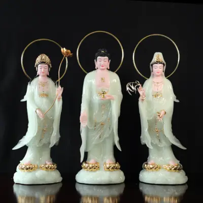 Bộ Tượng Tây Phương Tam Thánh Đứng, Bằng Bột Đá Thạch Ngọc, Cao 48cm