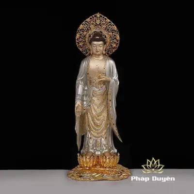 Alternative View Of Bộ Tượng Tây Phương Tam Thánh Đứng Bằng Đồng Cổ Kim Mầu Bạc, Cao 88cm, 108cm