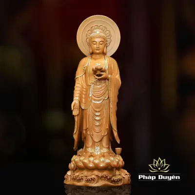 Alternative View Of Bộ Tượng Tây Phương Tam Thánh Đứng Non Nước Bằng Gỗ Hương Chương Viền Vàng, Cao 48cm (tổng Hào Quang 55cm)