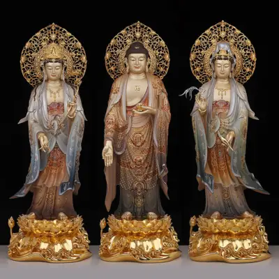 Bộ Tượng Tây Phương Tam Thánh Bằng Đồng Men Cổ Ấn Bảo, Có Lá Đề, Cao 90cm, 128cm