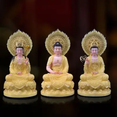 Bộ Tượng Tây Phương Tam Thánh Ngồi, Bằng Bột Đá Thạch Anh Viền Vàng, Nhiều Kích Thước