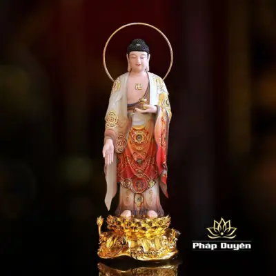 Alternative View Of Bộ Tây Phương Tam Thánh Đứng Đài Sen Bằng Bột Đá Vẽ Gấm, Dát Vàng Cao 66cm (tổng Lá Đề 75cm)