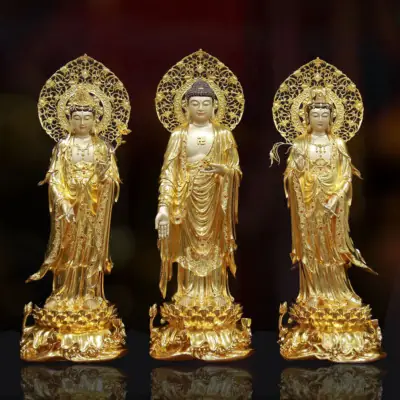 Bộ Tượng Tây Phương Tam Thánh Ấn Bảo Bằng Đồng Dát Vàng, Cao 66cm (tổng Hào Quang 80cm)