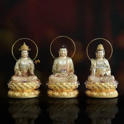 Bộ Tượng Tây Phương Tam Thánh Ngồi, Bằng Đồng Sơn Men Cổ Mẫn Bảo, Cao 40cm (có Hào Quang)