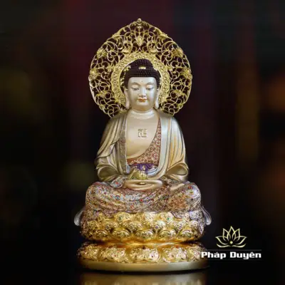 Alternative View Of Bộ Tượng Tây Phương Tam Thánh Ngồi, Bằng Đồng Men Cổ Viền Vàng Mẫn Bảo, Cao 48cm (tổng Lá Đề 55cm)