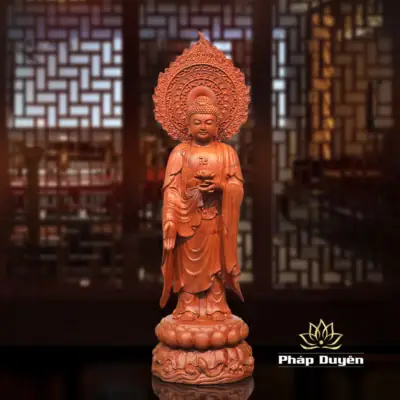 Alternative View Of Bộ Tượng Tây Phương Tam Thánh Đứng, Bằng Gỗ Hương, Cao 50cm (tổng Lá Đề 63cm)