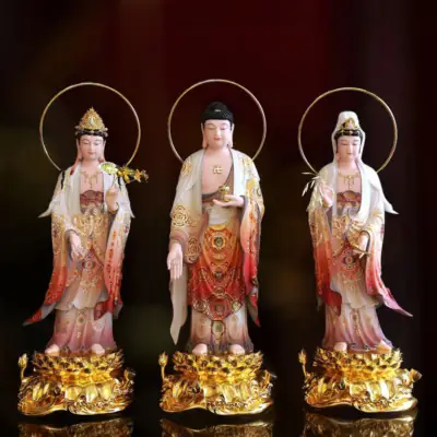 Bộ Tây Phương Tam Thánh Đứng Đài Sen Bằng Bột Đá Vẽ Gấm, Dát Vàng Cao 66cm (tổng Lá Đề 75cm)